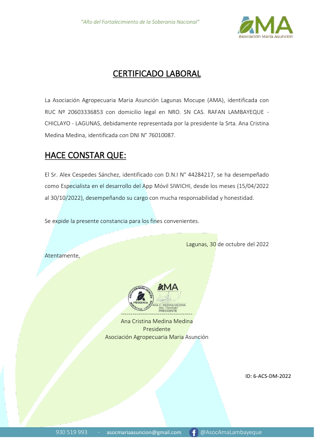 Certificado de experiencia del proyecto SIADE para AMA