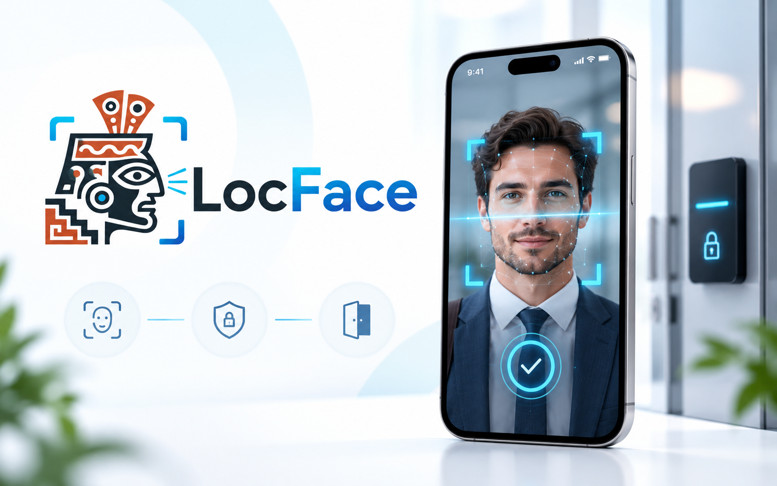 Imagen promocional de LocFace con un celular realizando reconocimiento facial para control de acceso