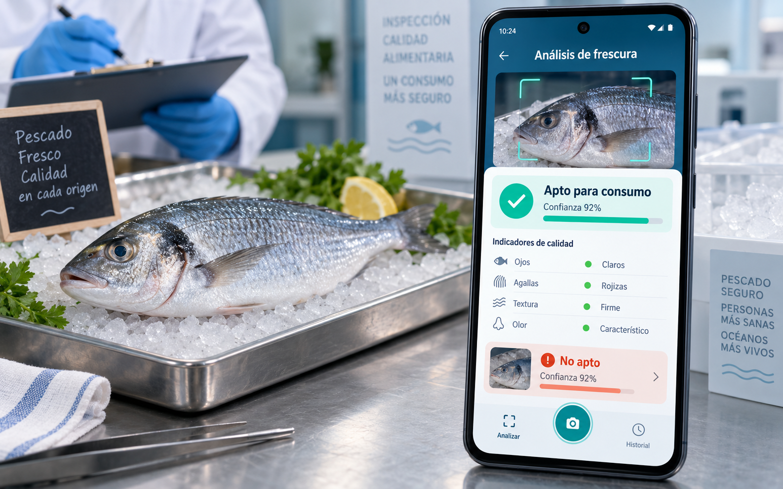 Mockup de una app Android para reconocer si un pescado es apto o no apto para consumo