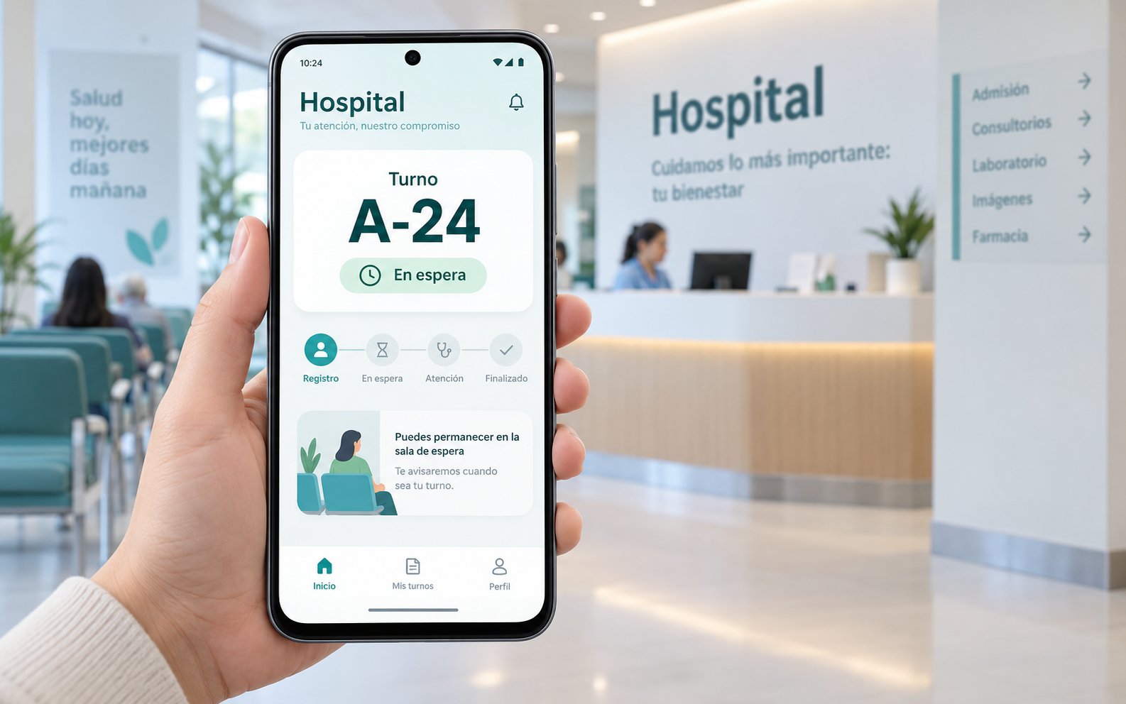 Mockup de una app Android de turnos para atención hospitalaria
